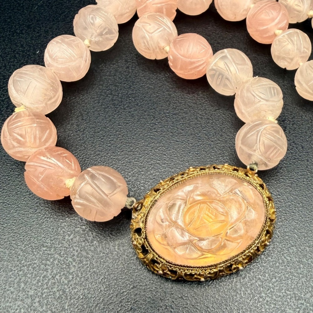 Chinese Export Blush Pink Carved Rose Quartz Necklace Floral Pendant 17 Inches